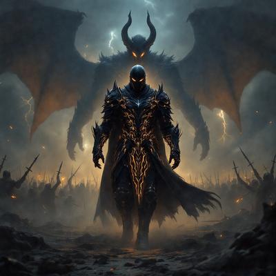 The primary subject of the image is a man dressed in a medieval-style armor, standing in front of a demonic creature. The man appears to be a knight, and the demonic creature is a dragon. The setting is a dark, stormy sky, which adds to the dramatic atmosphere of the scene. The visual style of the image is a combination of digital art and illustration, creating a detailed and realistic representation of the medieval knight and the demonic creature. The colors and mood of the image are